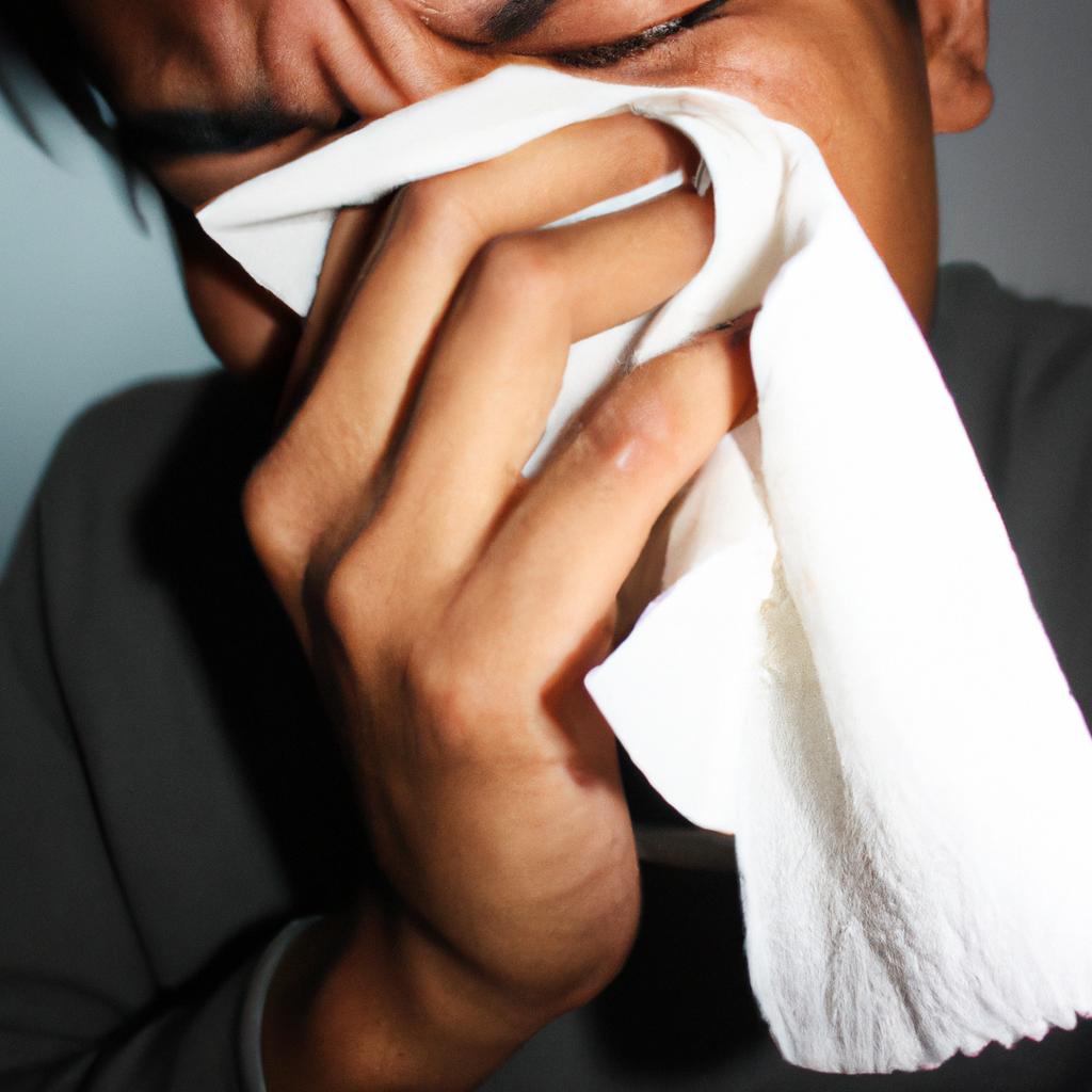 Person holding tissue, sneezing